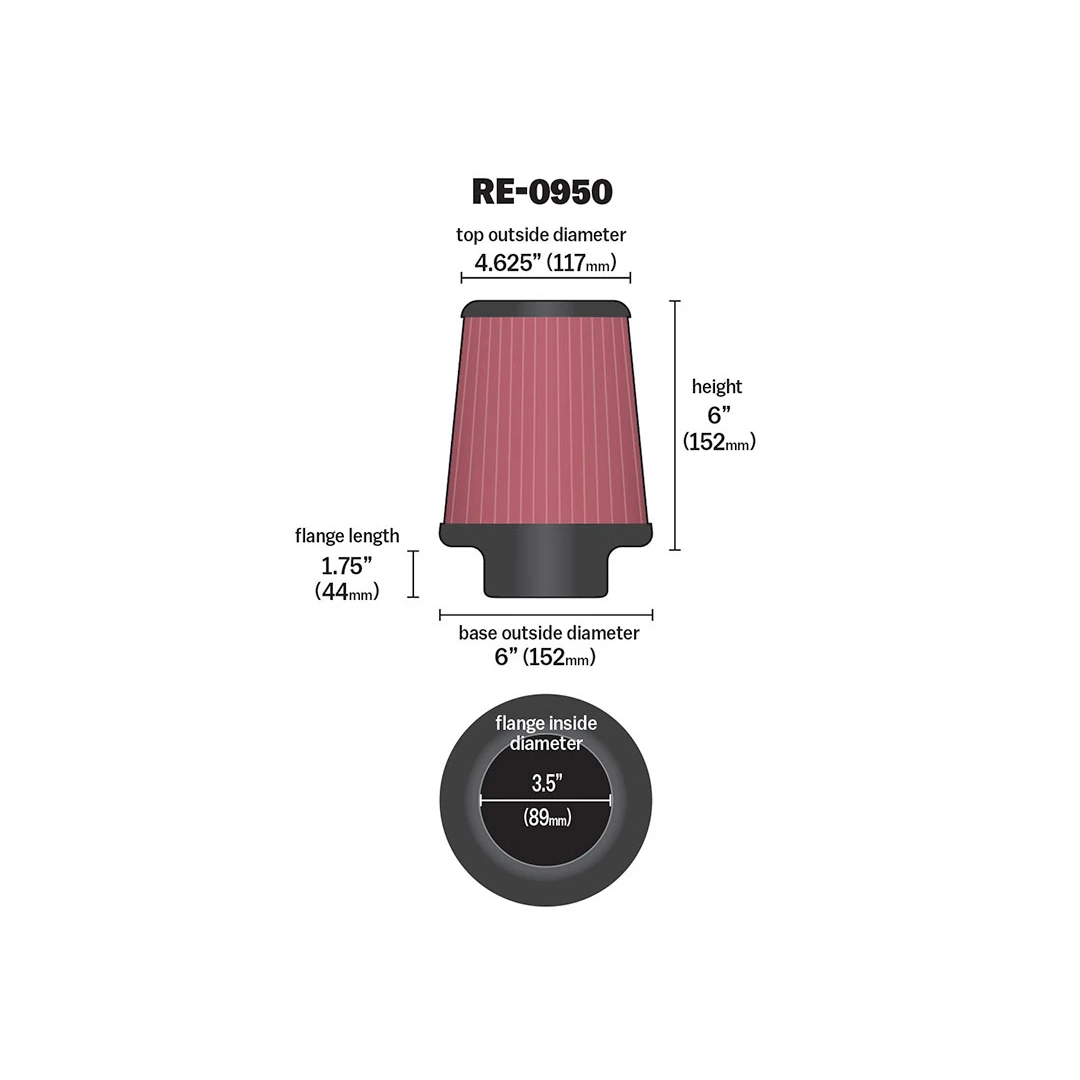 K&N cone air filter length 152mm diameter 89mm