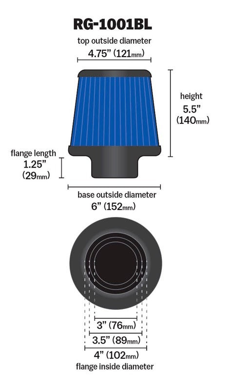 K&N cone air filter length 140mm diameter 76/89/102mm blue