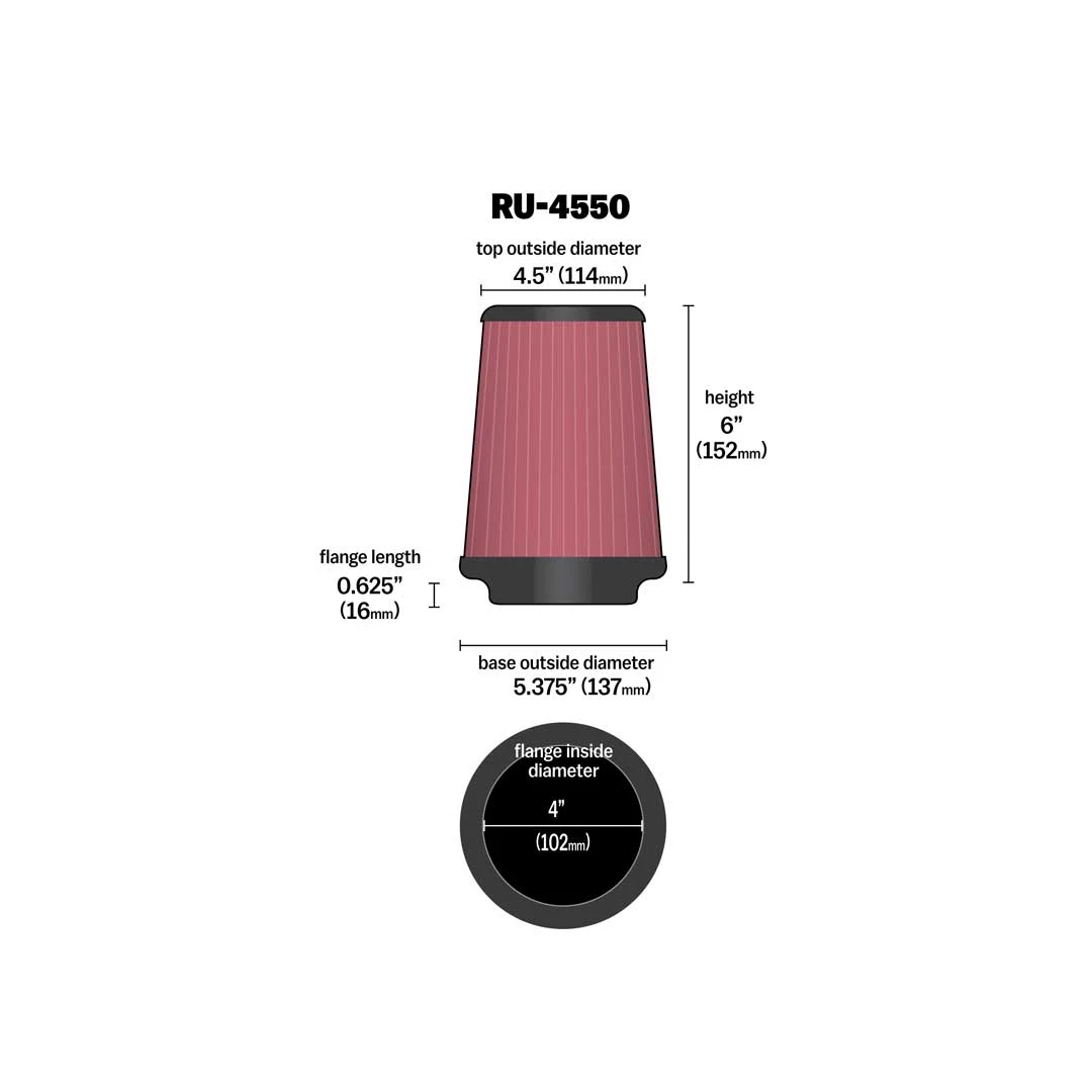 K&N cone air filter length 152mm diameter 102mm